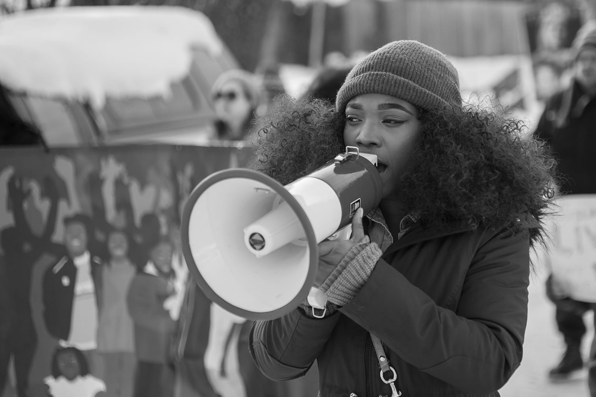 Woman speaking in megaphone